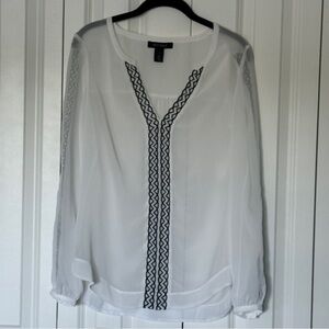 White House Black Market Sheer White Blouse w/ Black stitched cut-outs. Sz 6